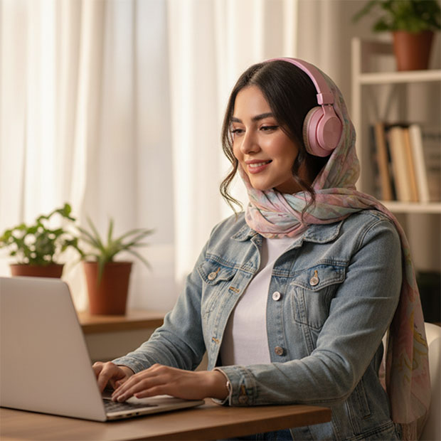 A TeachyTalk language teacher wearing headphones, teaching an online class on a laptop