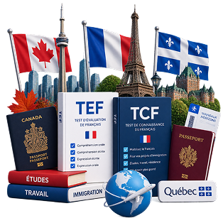 پرچم‌های کانادا، فرانسه و کبک در کنار برج ایفل، برج سی‌ان و کتاب‌های آزمون TEF و TCF